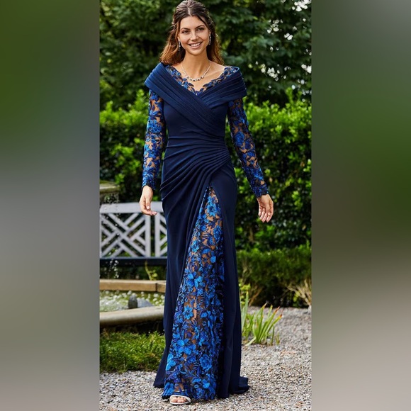 Tadashi Shoji Elegant Navy and Blue Floral Lace Gown - Picture 4 of 5